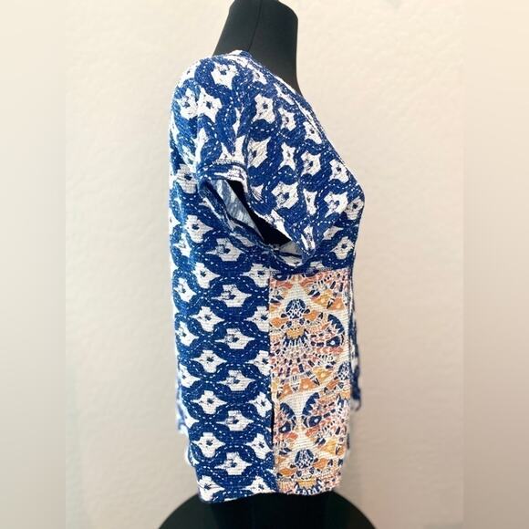 ZARA | Mixed Print Boho Top Blue White Mandala Pattern Short Sleeve | Small - Picture 4 of 6